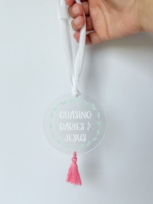 Chasing Babies & Jesus Car Charm